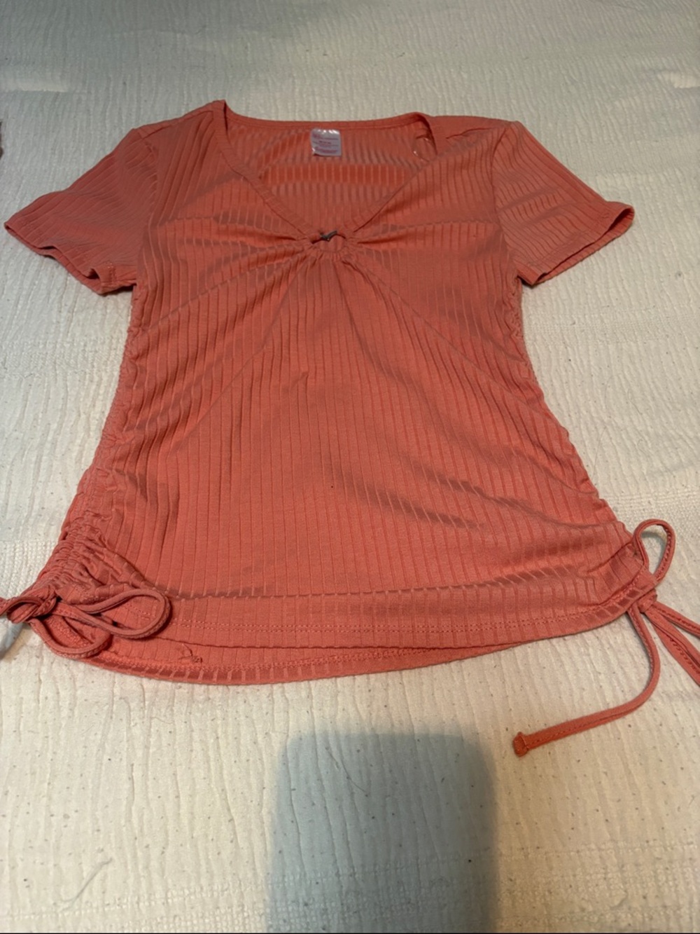No Boundaries Short Sleeve Ribbed Twist-Front Tee in Coral